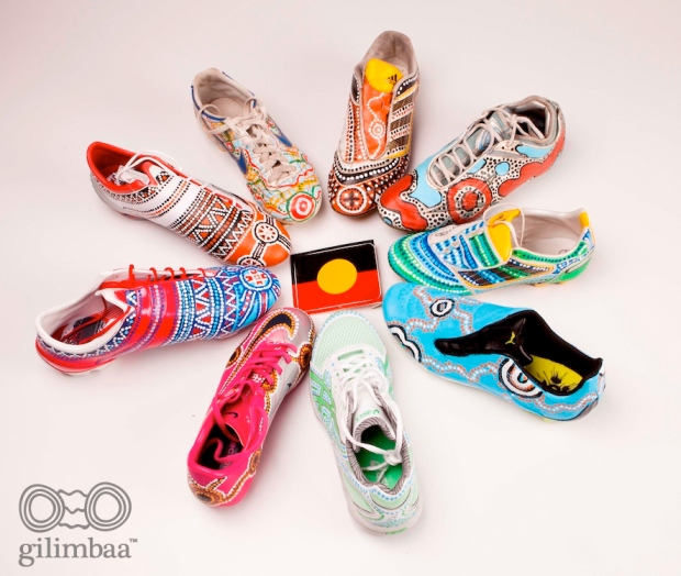 Gilimbaa’s artwork for Qantas’s AFL Boots and Dreams exhibition project which celebrates the achievement and contribution of Indigenous Australian football players